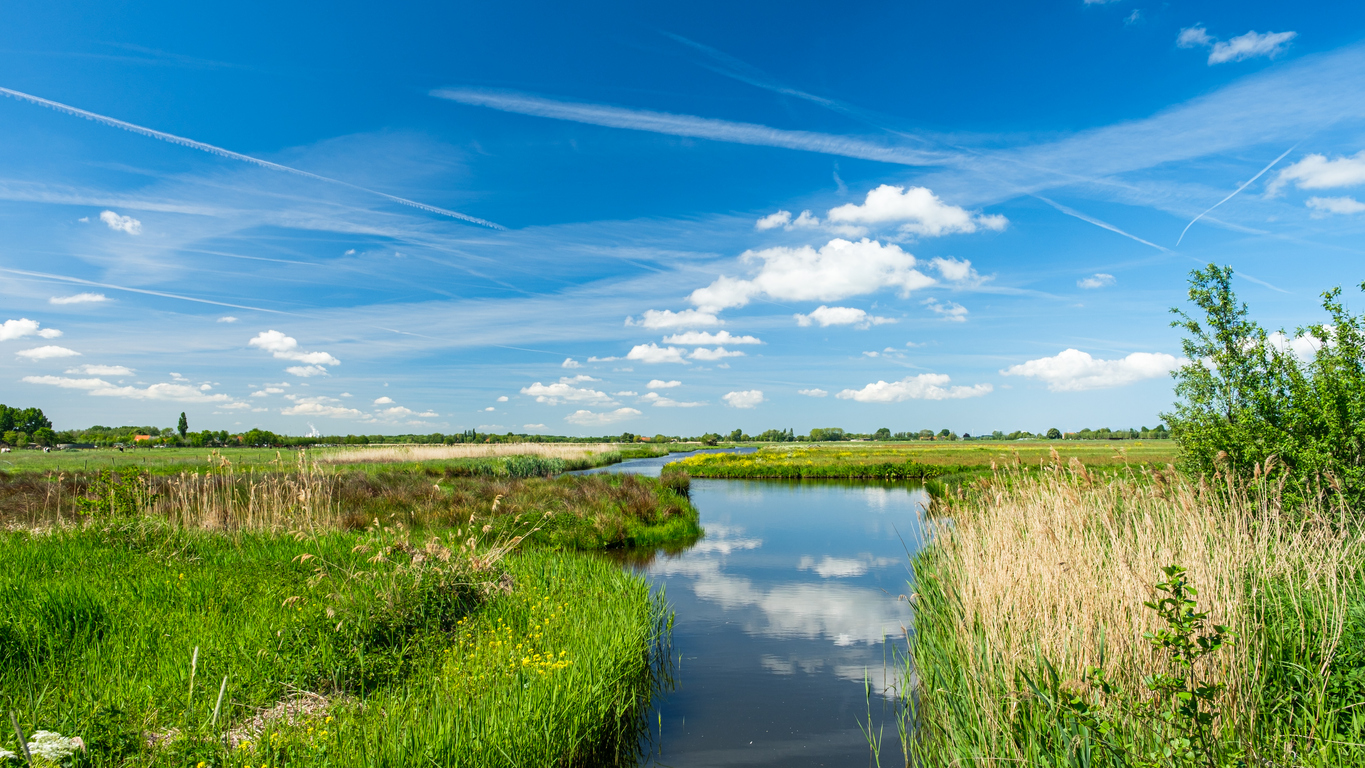 Beautiful characteristic polder landscape with the reflections of the blue sky with clouds in a wide ditch, on the border of the city of Schiedam, near Rotterdam, the Netherlands