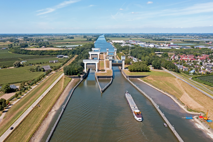 Aerial from the Princess Irene Lock at Wijk bij Duurstede in the Netherlands Prinses Irenesluis in Amsterdam-Rijnkanaal