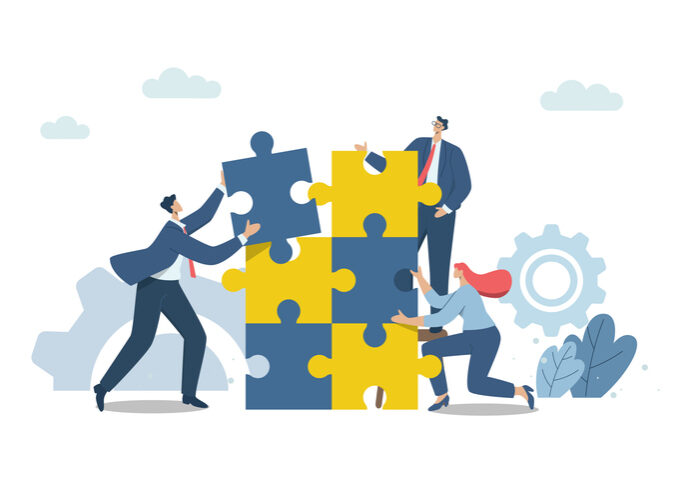 Problem solving, management, smart planning, Colleagues putting together effective solutions to work problems, A team of business men and women, or business partners putting together a jigsaw puzzle.